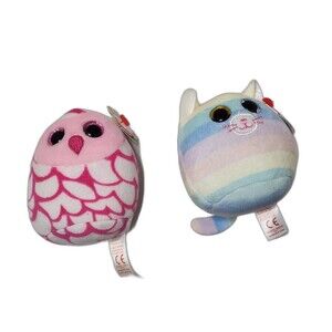 TY Mini Squish‑A‑Boos Lot Heather Cat & Pinky Owl Plush w/ Tags